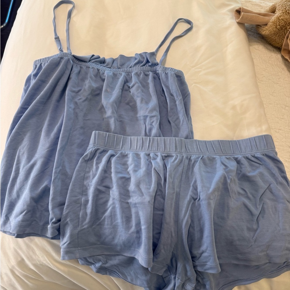 LAKE Pima Ruffle Pajamas Short Set in Periwinkle Blue